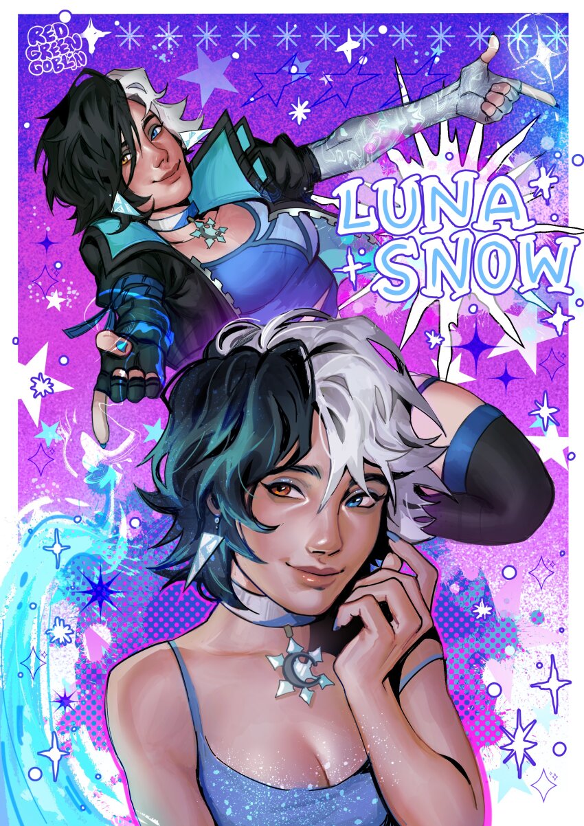 1girl absurdres black_hair blue_eyes breasts choker crop_top fingerless_gloves gloves heterochromia highres jacket large_breasts looking_at_viewer luna_snow marvel marvel_rivals multicolored_hair redgreengoblin short_hair shorts smile solo split-color_hair two-tone_hair white_hair