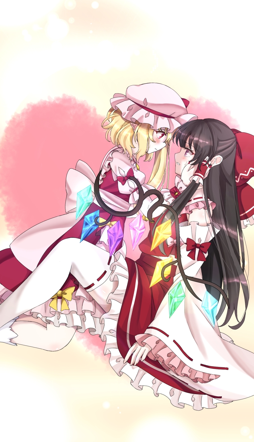 2girls absurdres ascot blonde_hair blush bow brown_hair commentary_request crystal crystal_wings detached_sleeves flandre_scarlet frilled_bow frilled_hair_tubes frills hair_bow hair_tubes hakurei_reimu hands_on_another&#039;s_cheeks hands_on_another&#039;s_face hat highres long_hair mito_(fate) mob_cap multicolored_wings multiple_girls pointy_ears puffy_short_sleeves puffy_sleeves red_bow red_eyes red_skirt red_vest ribbon-trimmed_sleeves ribbon-trimmed_thighhighs ribbon_trim short_sleeves side_ponytail skirt skirt_set thighhighs touhou very_long_hair vest white_thighhighs wings yellow_ascot yuri