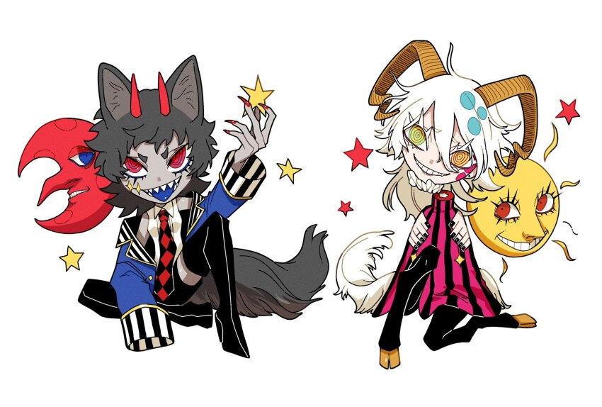 2girls animal_ears animal_feet blue_jacket blue_tongue boots colored_eyelashes colored_skin colored_tongue crescent_moon deformed disembodied_head fangs fingernails floating_head full_body grey_hair grey_skin grin hands_up head_tilt high_heel_boots high_heels highres hooves horns jacket knee_up long_hair looking_at_viewer momomo_906 monster_girl moon multiple_girls necktie open_clothes open_jacket original poncho red_eyes ringed_eyes sharp_fingernails sharp_teeth sheep_girl sheep_horns sheep_tail shirt simple_background sitting sleeveless sleeveless_shirt smile star_(symbol) sun_symbol tail teeth thigh_boots tongue tongue_out white_background white_hair white_shirt wolf_ears wolf_girl wolf_tail yellow_eyes