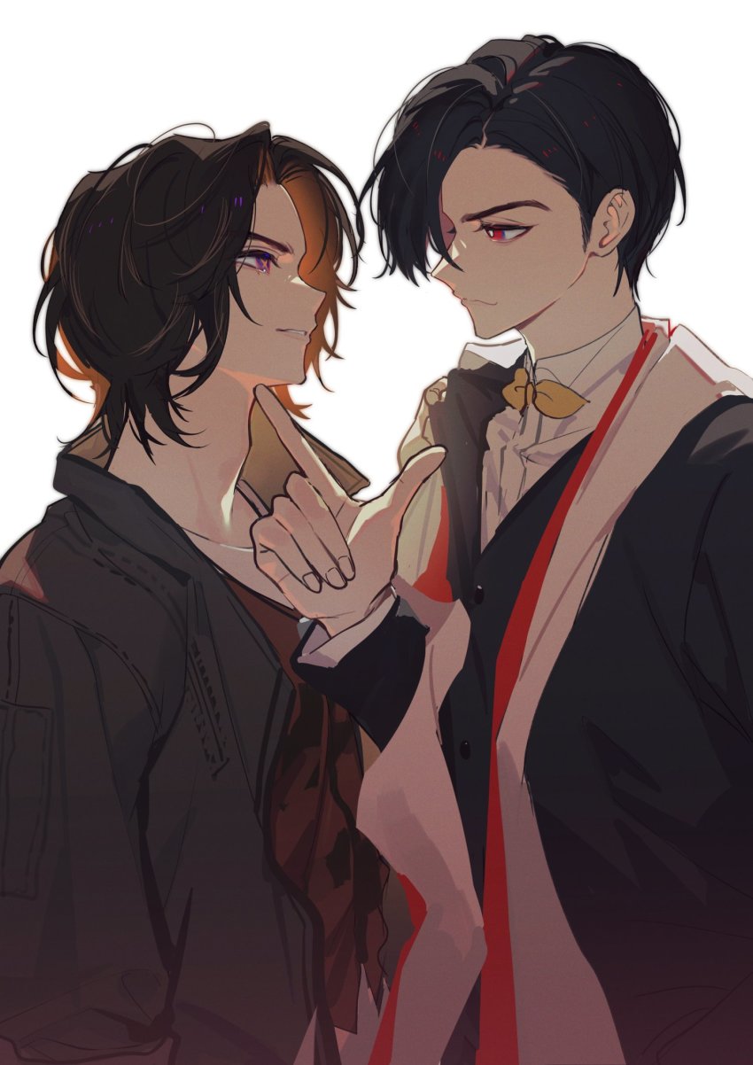 2boys armor azuma_michinaga black_hair black_jacket black_vest bodysuit bow bowtie clothes_grab doran_(doran7280) dress_shirt finger_gun finger_gun_to_head formal_clothes green_jacket hand_up highres holding jacket jewelry kamen_rider kamen_rider_geats_(series) male_focus multiple_boys necklace outstretched_arm pants print_vest purple_eyes red_eyes rivalry rivalry sash scarf shirt shirt_grab short_hair shoulder_armor simple_background sleeves_rolled_up suit ukiyo_ace upper_body vest white_background white_sash white_scarf white_shirt