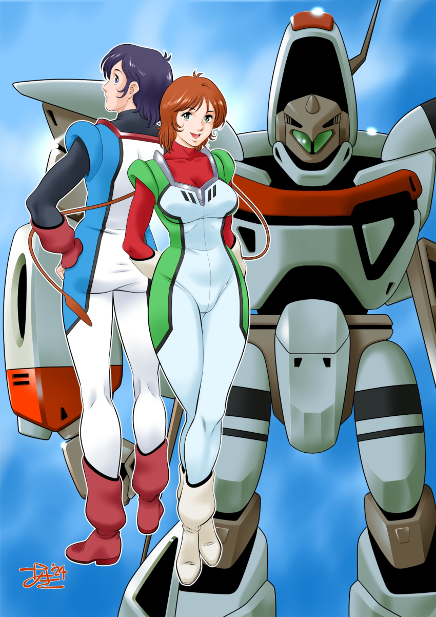 1boy 1girl 2024 aki_(pixiv_87336387) back-to-back blue_eyes blue_hair blue_sky bodysuit boots brown_hair choujikuu_seiki_orguss cloud commentary_request couple dated emaan fingerless_gloves gloves green_eyes hand_on_own_hip highres katsuragi_kei looking_at_viewer looking_back mecha mimsy_raas orguss orguss_(mecha) pilot_suit prehensile_hair radio_antenna robot science_fiction signature sky