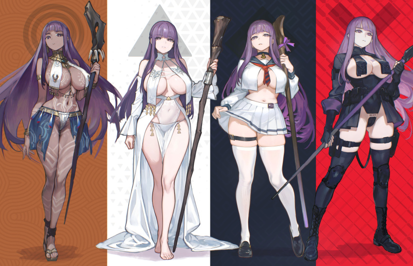 1girl absurdres barefoot black_boots black_gloves black_thighhighs blunt_bangs boots breast_curtains breasts covered_navel dark-skinned_female dark_skin detached_sleeves fern_(sousou_no_frieren) fingerless_gloves gloves highres holding holding_staff kryp132 large_breasts long_hair looking_at_viewer mage_staff midriff miniskirt multiple_views pelvic_curtain pleated_skirt purple_eyes purple_hair sailor_collar sandals skirt sousou_no_frieren staff stomach thighhighs white_skirt white_thighhighs