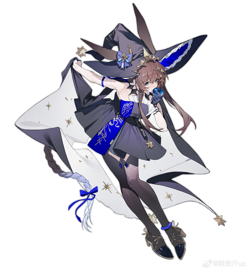 1girl absurdres amiya_(arknights) amiya_(medic)_(arknights) amiya_(medic)_(solo_around_the_world)_(arknights) animal_ears arknights arm_ribbon bare_shoulders black_dress black_pantyhose braid braided_ponytail brown_hair choker cloak dress ears_through_headwear food fruit gloves hat highres holding holding_food holding_fruit jewelry long_hair lushi_jin_up pantyhose rabbit_ears ribbon ring simple_background single_glove solo strapless strapless_dress very_long_hair witch_hat