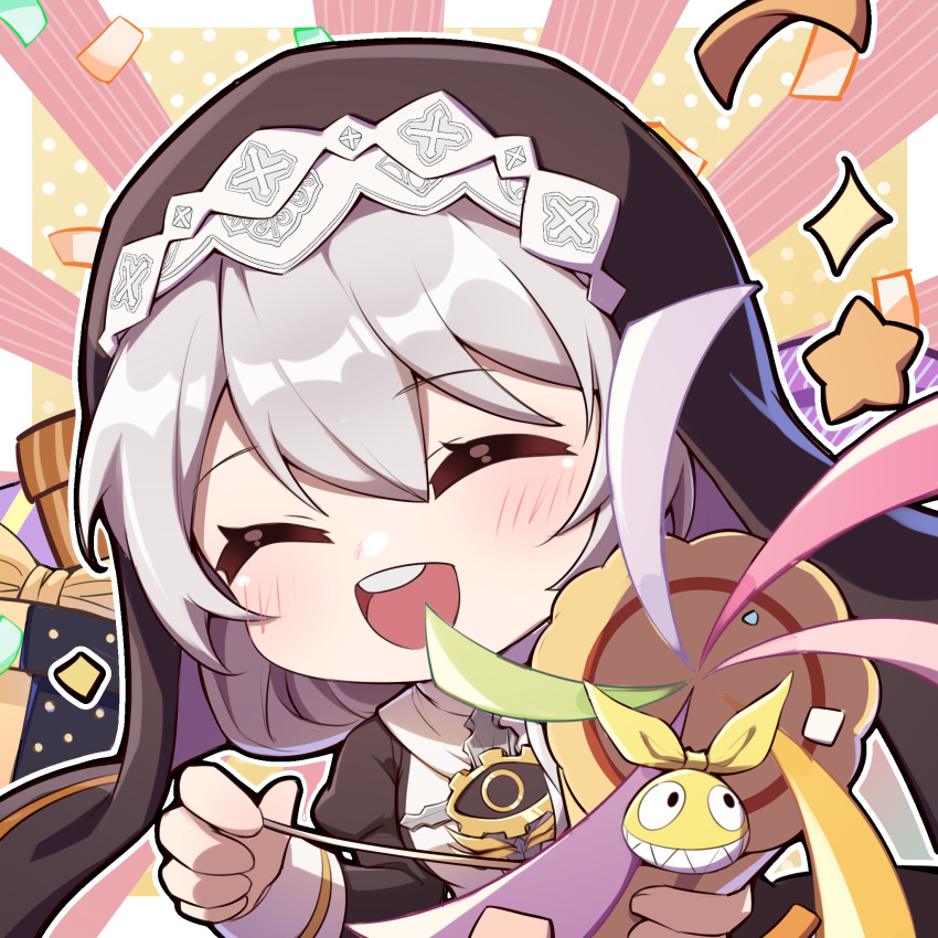 1girl black_robe black_veil chibi closed_eyes confetti grey_hair hair_between_eyes highres homu_(honkai_impact) honkai_(series) honkai_impact_3rd nun open_mouth robe smile teeth theresa_apocalypse theresa_apocalypse_(valkyrie_pledge) traditional_nun upper_teeth_only veil xinzhizhu
