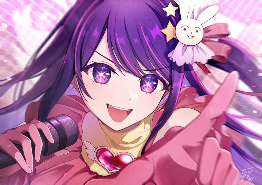 +_+ 1girl blurry blurry_background bow commentary_request dress gloves hair_bow hair_ornament hair_ribbon heart highres holding holding_microphone hoshino_ai idol long_hair looking_at_viewer microphone motion_blur multicolored_dress open_mouth oshi_no_ko pink_bow pink_dress pink_gloves pink_ribbon pointing pointing_at_viewer purple_eyes purple_hair rabbit_hair_ornament ribbon solo star_(symbol) star_hair_ornament tarayuki upper_body yellow_dress