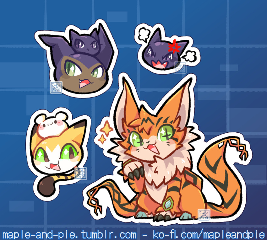 cat claws digimon green_eyes happy hexagon highres keemon mapleandpie meicoomon meicoomon_baby open_mouth orange_fur smile sparkle symbol-shaped_pupils tail yarmon yukimibotamon