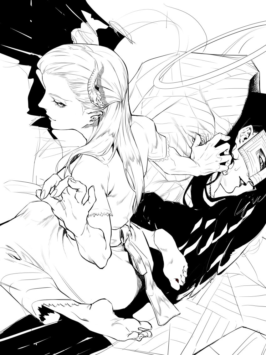 1boy 1girl absurdres ass barefoot black_wings demon_(megami_tensei) dress dress_ribbon hair_ornament halo high_contrast highres lipstick long_dress long_hair looking_at_viewer looking_back louisa_ferre lucifer_(megami_tensei) makeup mastema_(megami_tensei) monochrome parted_lips polar_opposites shin_megami_tensei shin_megami_tensei:_strange_journey sitting smile smirk ts_kaleidoscope wariza wings