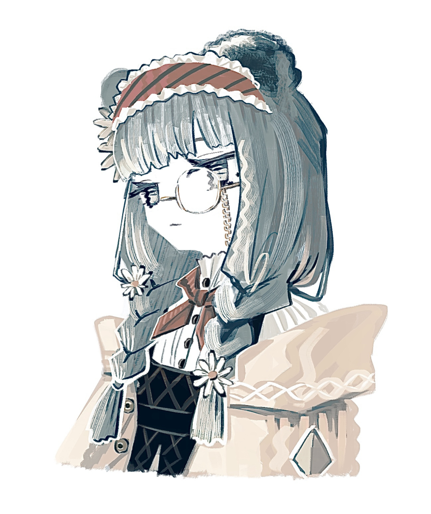 1girl animal_ears arknights bear_ears blunt_bangs braid commentary_request flower frilled_hairband frills green_eyes green_hair hair_flower hair_ornament hairband highres istina_(arknights) istina_(bibliosmia)_(arknights) long_hair monocle mugioec neckerchief red_hairband red_neckerchief shirt solo striped_clothes striped_hairband twin_braids upper_body white_background white_shirt