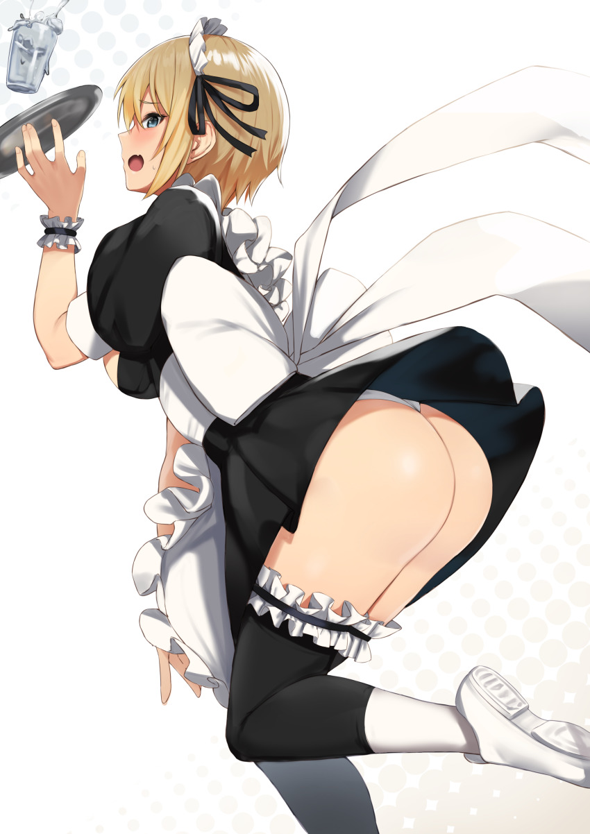 1girl absurdres accident ass black_ribbon black_thighhighs blonde_hair blue_eyes blush bow breasts clothes_lift cup dress dress_lift dress_tug drinking_glass fang frilled_thighhighs frills from_side hair_between_eyes hair_ribbon highres ice ice_cube kon_futaba looking_at_viewer maid maid_headdress medium_breasts open_mouth panties ribbon shoes short_hair skin_fang sneakers solo soredemo_machi_wa_mawatteiru thighhighs thong tray underwear water white_bow white_panties white_shoes wind wind_lift zijou