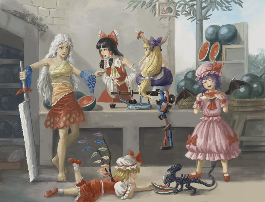 5girls alien alien_(1979) alien_(1979) alien_(series) amibazh angry ascot barefoot bat_wings blonde_hair blue_hair bow breasts brooch brown_eyes brown_hair collar crossover crystal day detached_sleeves dress drunk eating faux_traditional_media fine_art_parody flandre_scarlet food foot_up frilled_bow frilled_shirt frilled_shirt_collar frilled_skirt frilled_sleeves frills fruit hair_bow hair_tubes hakurei_reimu hat hat_ribbon hatchet horn_ornament horn_ribbon horns ibuki_suika japanese_clothes jewelry kitchen long_hair magnet mary_janes medium_hair messy_hair miko mob_cap multicolored_clothes multiple_girls nata_(tool) nontraditional_miko on_floor on_ground one_side_up orange_dress orange_hair parody picture_frame pink_dress pink_headwear puffy_short_sleeves puffy_sleeves purple_skirt red_bow red_eyes red_footwear red_ribbon red_skirt red_vest remilia_scarlet ribbon ribbon-trimmed_sleeves ribbon_trim sakata_nemuno sash shirt shoes short_hair short_sleeves sidelocks single_strap skirt skirt_set sleeveless smile socks table touhou vest watermelon wavy_hair white_collar white_hair white_headwear white_shirt wide_sleeves wings witch_hat wrist_cuffs xenomorph yellow_ascot yellow_dress yin_yang yukkuri_shiteitte_ne