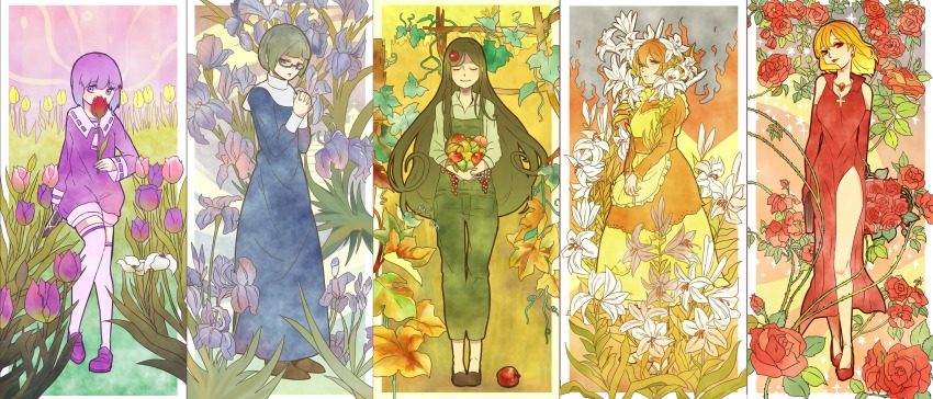 5girls apple apple_hair_ornament apron baroque_(sound_horizon) blonde_hair blue-framed_eyewear blue_dress blue_flowers blue_hair bouquet brown_eyes brown_footwear brown_hair closed_eyes commentary_request dress earrings elbow_gloves elysion fire flower food food-themed_hair_ornament freckles fruit full_body glasses gloves gradient_hair gun hair_ornament hairclip handgun highres jewelry juliet_sleeves leaf long_dress long_hair long_sleeves looking_at_viewer mizuto_(o96ap) multicolored_hair multiple_girls necklace nun orange_dress orange_eyes orange_hair overalls own_hands_clasped own_hands_together pink_flower pink_tulip praying puffy_sleeves purple_eyes purple_flower purple_footwear purple_hair purple_legwear purple_tulip red_dress red_eyes red_flower red_footwear red_gloves red_rose revolver rose sacrifice sailor_collar short_hair side_slit sleeveless sleeveless_dress smile soror sound_horizon stella_(sound_horizon) thighhighs thorns traditional_nun tulip weapon white_flower yellow_apron yield zettai_ryouiki