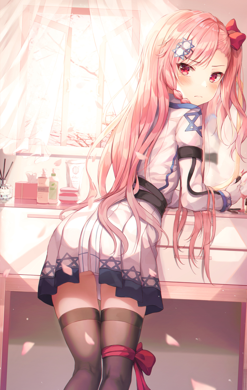 1girl absurdres armband ass asymmetrical_bangs black_thighhighs blush bow braid closed_mouth commentary_request cosmetics curtains day feet_out_of_frame from_behind girls&#039;_frontline gloves hair_bow hair_ornament haneiro hexagram highres holding holding_lipstick_tube incense indoors leg_ribbon light_frown lipstick_tube long_hair long_sleeves looking_at_viewer looking_back lotion_bottle mirror negev_(girls&#039;_frontline) open_window panties panty_peek pink_hair pleated_skirt print_skirt red_bow red_eyes red_ribbon ribbon shirt side_braid skirt solo star_(symbol) star_hair_ornament star_of_david sunlight table thigh_ribbon thighhighs tissue_box underwear vanity_table very_long_hair white_gloves white_panties white_shirt white_skirt window
