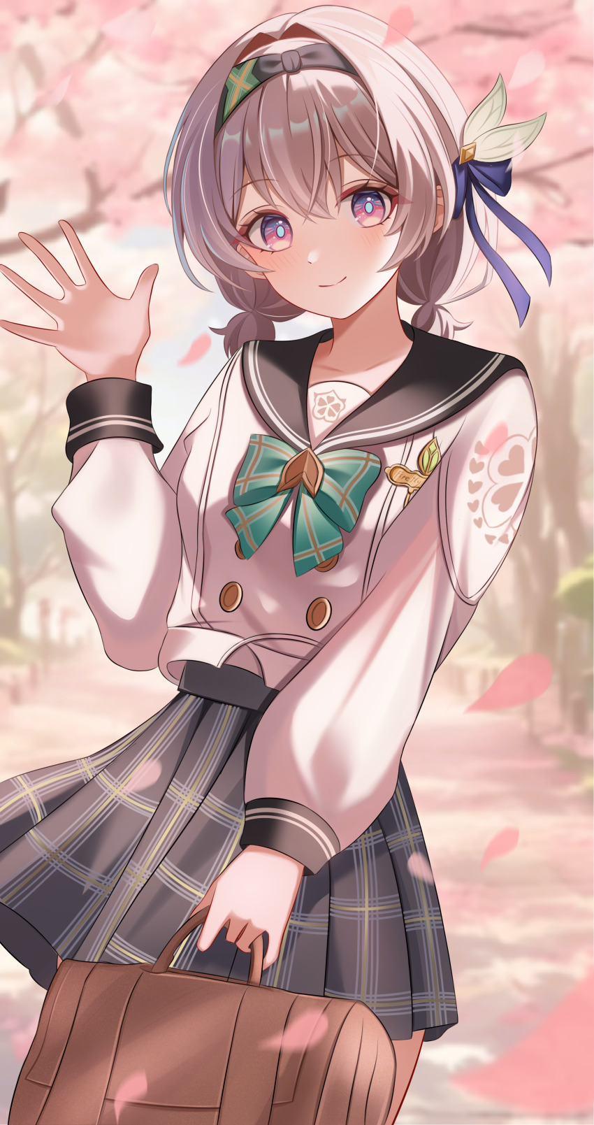 1girl absurdres alternate_hair_length alternate_hairstyle aqua_bow aqua_bowtie bag black_sailor_collar blush bow bowtie brown_bag cherry_blossoms closed_mouth commentary_request falling_petals firefly_(honkai:_star_rail) firefly_(spring_missive)_(honkai:_star_rail) grey_hair hand_up highres holding holding_bag honkai:_star_rail honkai_(series) kenomotsu_yukuwa long_sleeves looking_at_viewer low_twintails official_alternate_costume outdoors petals plaid_bow plaid_bowtie plaid_clothes plaid_skirt pleated_skirt purple_eyes sailor_collar shirt short_hair short_twintails skirt smile solo twintails waving white_shirt