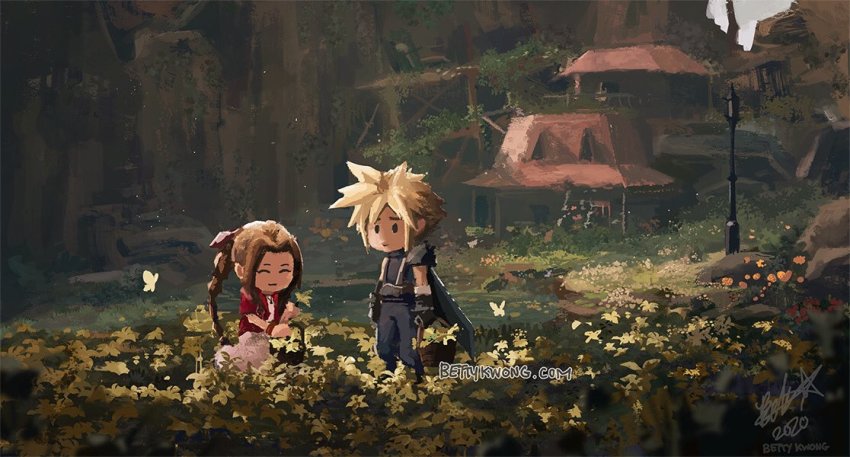 1boy 1girl aerith_gainsborough basket bettykwong blonde_hair brown_hair bug butterfly chibi cloud_strife dress final_fantasy final_fantasy_vii final_fantasy_vii_remake flower_basket gainsborough_house house insect lamppost pink_dress spiked_hair watermark