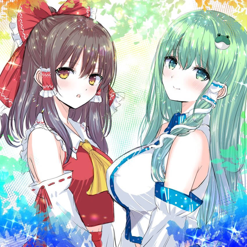 2girls ascot blush bow breasts brown_eyes brown_hair closed_mouth commentary_request detached_sleeves frilled_bow frilled_hair_tubes frills frog_hair_ornament green_eyes green_hair hair_bow hair_ornament hair_tubes hakurei_reimu highres kochiya_sanae large_breasts long_hair looking_at_viewer multiple_girls open_mouth red_bow red_skirt ribbon-trimmed_sleeves ribbon_trim single_hair_tube skirt skirt_set smile snake_hair_ornament sparkle tomo_(uguisu-tei) touhou yellow_ascot