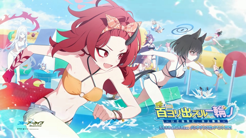 animal_ears arata_(blue_archive) arata_(swimsuit)_(blue_archive) bare_shoulders beach bikini black_eyes black_horns black_tail blue_archive blue_bikini blue_halo blue_shorts cat_ears cat_girl cat_tail chise_(blue_archive) chise_(swimsuit)_(blue_archive) chlorella_observation_club_member_(blue_archive) chlorella_observation_club_member_(swimsuit)_(blue_archive) collarbone criss-cross_halter dragon_girl dragon_tail halo halterneck highres horns hyakkiyako_alliance_academy_student_(blue_archive) kikyou_(blue_archive) kikyou_(swimsuit)_(blue_archive) layered_bikini long_hair micro_shorts mimori_(blue_archive) mimori_(swimsuit)_(blue_archive) multiple_tails nagusa_(blue_archive) nagusa_(swimsuit)_(blue_archive) navel o-ring o-ring_top official_alternate_costume official_art orange_bikini red_eyes red_hair red_halo renge_(blue_archive) renge_(swimsuit)_(blue_archive) shorts sports_festival swimsuit tail two_tails yukari_(blue_archive) yukari_(swimsuit)_(blue_archive)