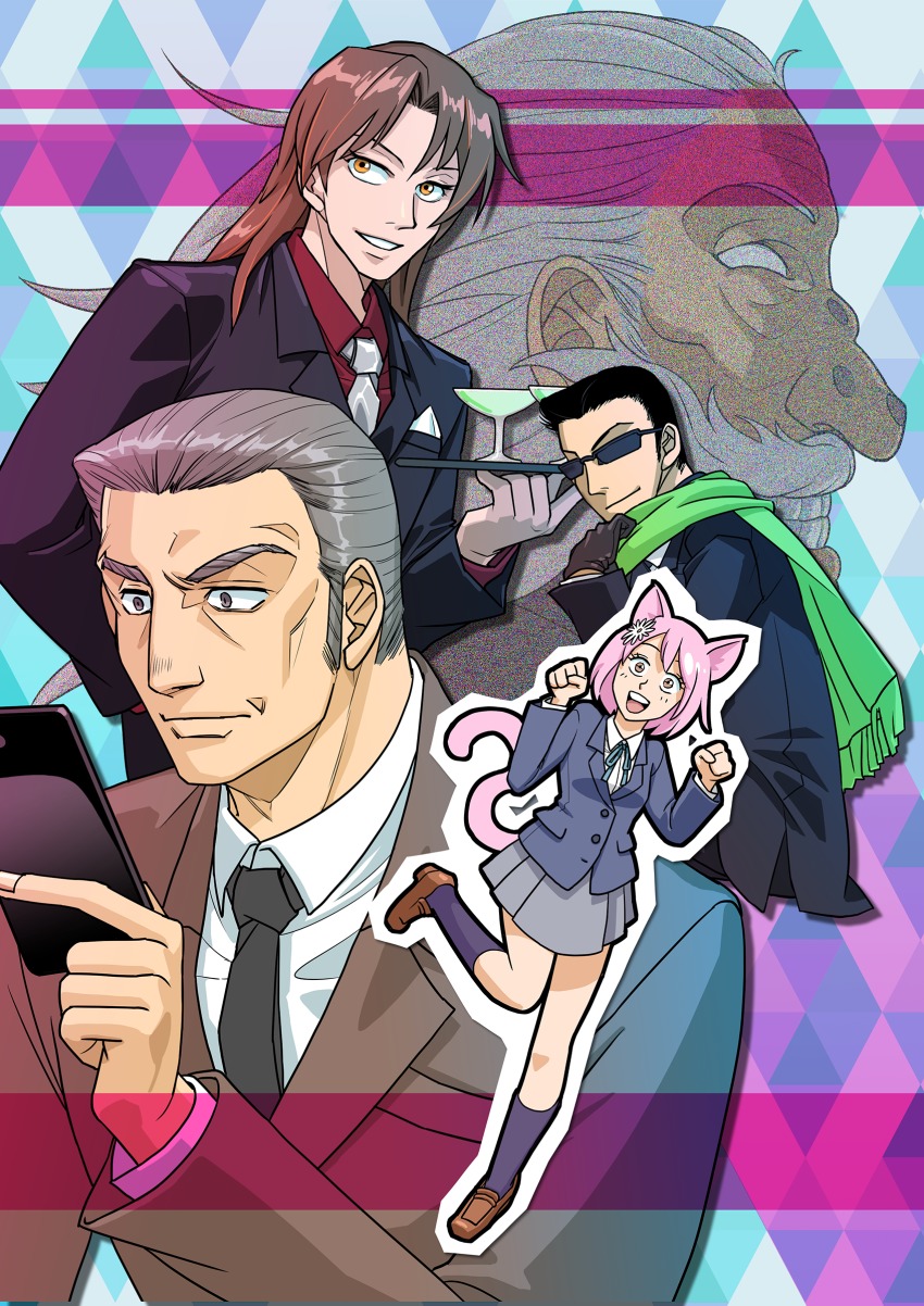 1girl 4boys absurdres animal_ears argyle_background argyle_clothes black_gloves black_hair black_neckwear black_suit blue_background brown_eyes brown_footwear brown_hair brown_suit cellphone chuukan_kanriroku_tonegawa clenched_hand facial_hair flower formal_clothes glass gloves green_scarf grey_eyes grey_hair grin hair_flower hair_ornament hands_up highres holding holding_tray hyoudou_kazutaka ichijou_seiya kaiji long_hair multiple_boys mustache necktie phone pink_hair profile scarf school_uniform sideburns skirt smile socks suit sunglasses tail tonegawa_yukio tray wart wasyun_ichijyo white_hair white_neckwear yamazaki_kenji yuinyan