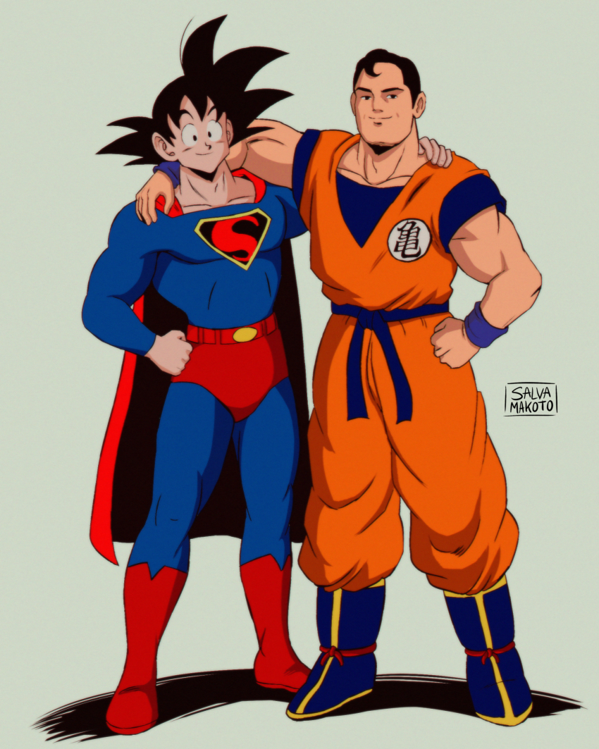 1940s_(style) 1950s_(style) 1990s_(style) 2boys absurdres artist_name belt black_eyes black_hair blue_belt blue_bodysuit blue_boots bodysuit boots cape clark_kent closed_mouth collarbone cosplay costume_switch crossover dc_comics dougi dragon_ball dragonball_z grey_background hand_on_another&#039;s_shoulder hand_on_own_hip highres looking_at_viewer male_focus medium_hair multiple_boys muscular muscular_male orange_dougi red_cape retro_artstyle salvamakoto shadow short_hair simple_background smile son_goku son_goku_(cosplay) spiked_hair standing superhero_costume superman superman_(cosplay) superman_(series)