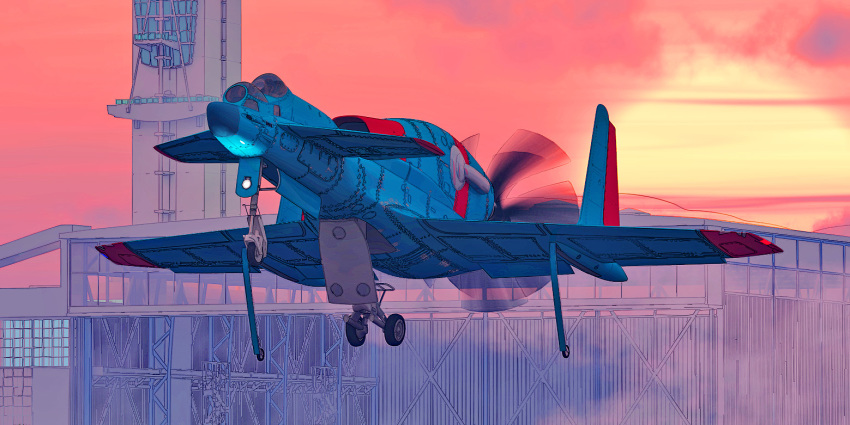 3d aircraft airplane canards canopy control_tower dusk hangar honneamise_no_tsubasa landing_gear military military_vehicle mindvue no_humans propeller science_fiction sun vehicle_focus