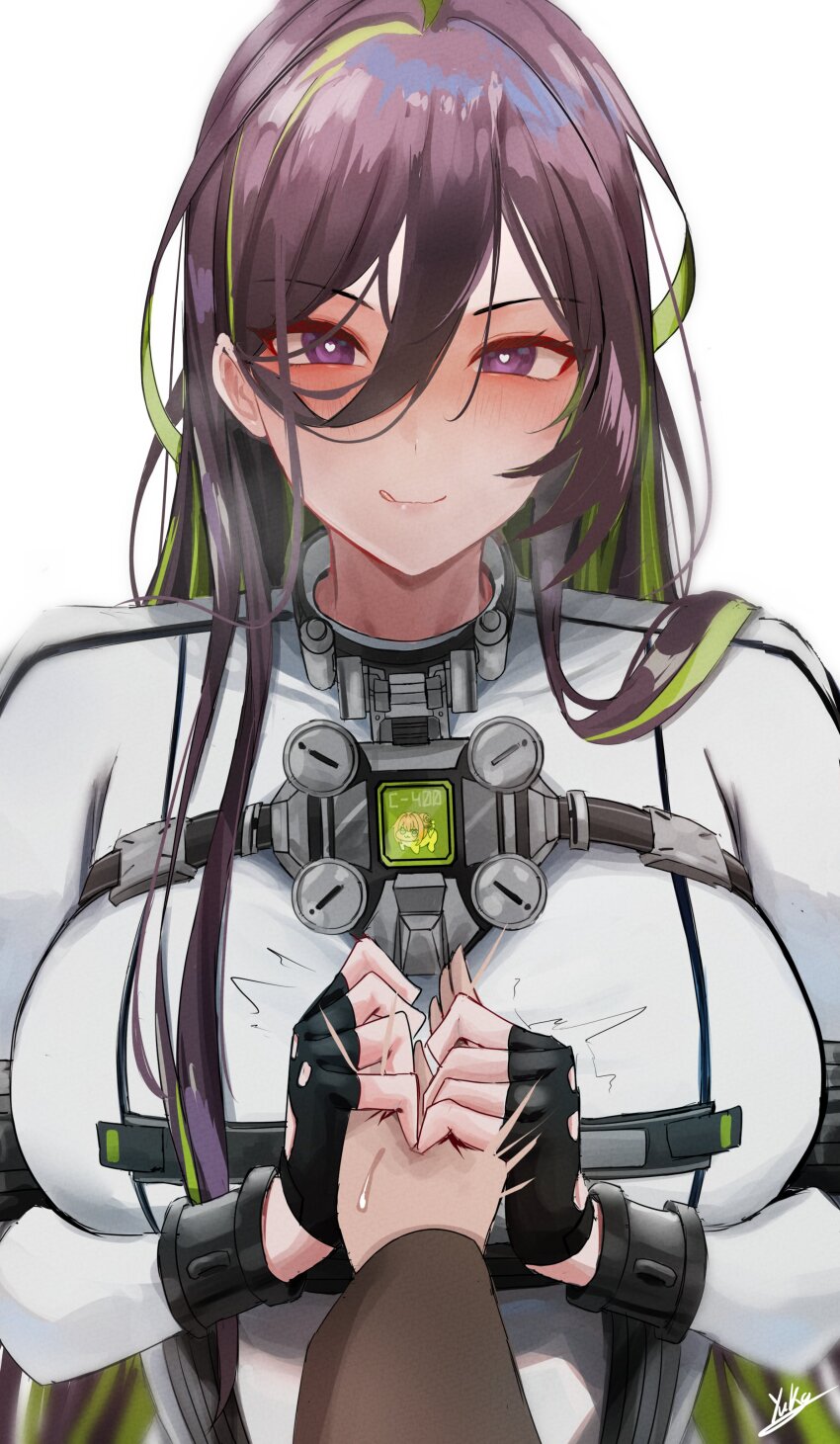 1boy 1girl absurdres breasts brown_hair commander_(nikke) doro_(nikke) fingerless_gloves gloves goddess_of_victory:_nikke green_hair guilty_(nikke) hand_grab heart heart-shaped_pupils hetero highres large_breasts long_hair looking_at_viewer multicolored_hair pov pov_hands symbol-shaped_pupils two-tone_hair very_long_hair yuka_1503