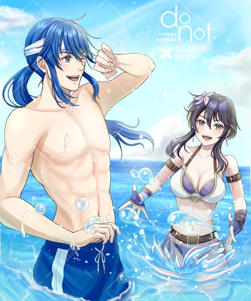 1girl armlet armor beach belt bikini bikini_armor blue_sky blush breasts cloud commission commissioner_upload couple earrings fingerless_gloves fire_emblem fire_emblem:_genealogy_of_the_holy_war flower gloves hair_flower hair_ornament headband hetero highres jewelry kousetu0506 larcei_(fire_emblem) long_hair navel nintendo ocean one_eye_closed open_mouth outdoors partially_submerged ponytail ripples seliph_(fire_emblem) short_hair side-tie_bikini_bottom sidelocks skeb_commission sky smile splashing swimsuit water water_drop wet