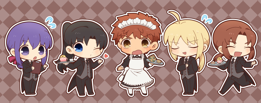 1boy 4girls absurdres ahoge alternate_costume alternate_hairstyle apron artoria_pendragon_(fate) black_dress black_hair black_necktie black_suit blonde_hair blue_eyes brown_hair butler closed_eyes crossdressing dress enmaided fate/stay_night fate_(series) female_butler formal_clothes frilled_apron frills highres holding holding_tray juliet_sleeves long_sleeves low_ponytail maid maid_apron maid_headdress matou_sakura mitsuzuri_ayako multiple_girls necktie one_eye_closed parted_bangs ponytail puffy_sleeves purple_eyes purple_hair saber_(fate) siblings sisters suit tailcoat tohsaka_rin tray tsubuta_hiro tuxedo waist_apron white_apron