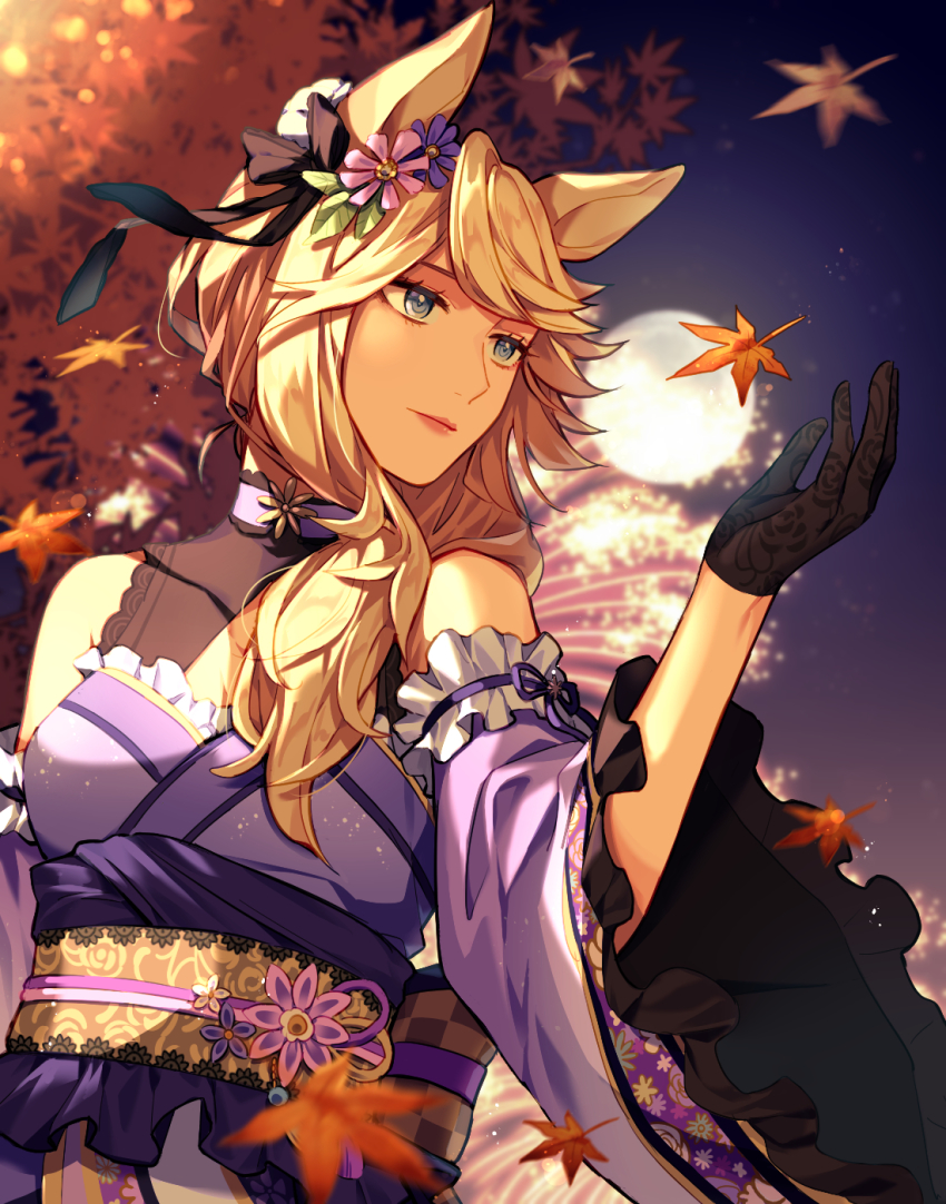 1girl animal_ears bare_shoulders black_gloves blonde_hair blue_eyes blurry blurry_background breasts closed_mouth detached_sleeves full_moon gloves gold_city_(akizakura_danzatrice)_(umamusume) gold_city_(umamusume) hand_up highres horse_ears japanese_clothes jugemu_(qqkyon) kimono leaf long_hair maple_leaf moon night obi outdoors purple_kimono sash sleeveless sleeveless_kimono small_breasts solo umamusume upper_body