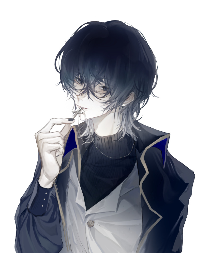 1boy absurdres black_eyes black_hair black_jacket black_sweater c8h11o2n chinese_commentary commentary_request cross cross_necklace flower_button gold_trim gradient_hair hair_between_eyes highres jacket jewelry long_sleeves male_focus mole mole_under_eye mole_under_mouth multicolored_hair multiple_moles necklace open_clothes open_jacket original ribbed_sweater short_hair simple_background smile solo sweater two-tone_hair upper_body vest white_background white_hair white_vest
