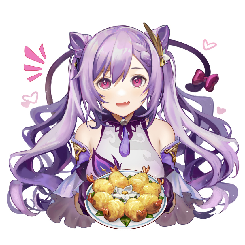1girl absurdres bare_shoulders blush braid chi_trinh double_bun dress fang food frilled_gloves frilled_sleeves frills genshin_impact gloves hair_bun hair_ornament hairclip heart highres holding holding_plate keqing_(genshin_impact) long_hair looking_at_viewer open_mouth plate purple_eyes purple_hair shrimp twintails upper_body wide_sleeves