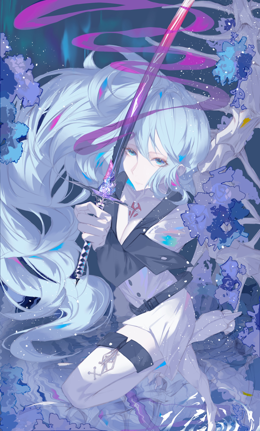 1girl 2311766793 absurdres akame_ga_kill! aqua_eyes aqua_hair aqua_theme black_jacket boots breasts chest_tattoo cleavage closed_mouth esdeath flower hair_between_eyes highres holding holding_sword holding_weapon jacket long_hair long_sleeves looking_at_viewer military_uniform no_headwear solo sword tattoo thigh_boots weapon