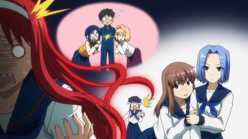 1boy 6+girls angry arcueid_brunestud arm_hug black_hair blonde_hair blue_hair bow breasts brother_and_sister brown_hair carnival_phantasm ciel_(tsukihime) clenched_teeth fangs glasses hair_bow hairband highres holding_hands imagining jealous long_hair melty_blood multiple_girls o_o open_mouth red_eyes red_hair scared school_uniform shaded_face short_hair siblings skirt small_breasts smile sparkle surprised sweat sweatdrop teeth thinking tohno_akiha tohno_shiki toono_akiha tsukihime vermillion_akiha