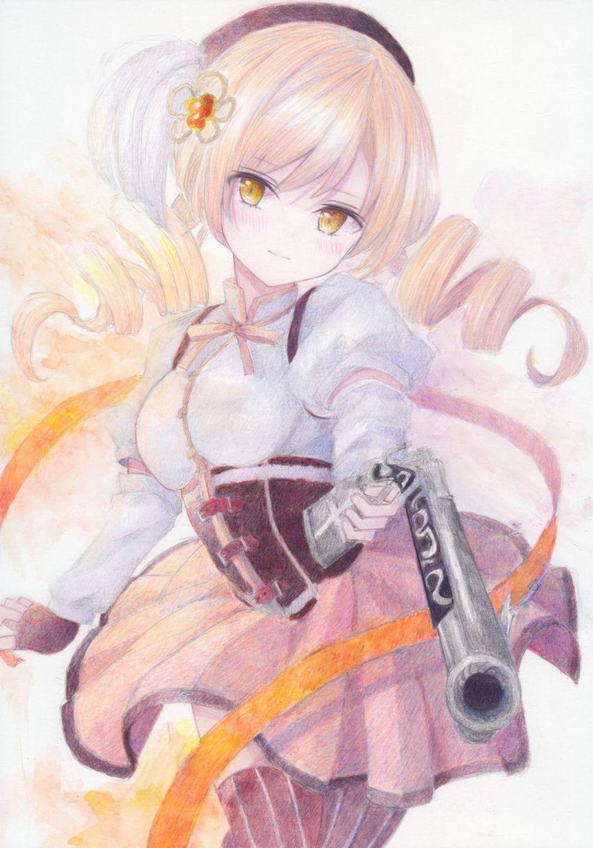 1girl beret blonde_hair blush breasts brown_gloves brown_hat brown_thighhighs closed_mouth colored_pencil_(medium) corset cowboy_shot darkkanan detached_sleeves drill_hair fingerless_gloves floral_background gloves gun hat highres holding holding_weapon light_smile long_sleeves magical_musket mahou_shoujo_madoka_magica mahou_shoujo_madoka_magica_(anime) medium_breasts neck_ribbon painting_(medium) puffy_short_sleeves puffy_sleeves ribbon shirt short_sleeves skirt solo striped_clothes striped_thighhighs thighhighs tomoe_mami tomoe_mami_(magical_girl) traditional_media twin_drills twintails vertical-striped_clothes vertical-striped_thighhighs watercolor_(medium) weapon white_shirt yellow_eyes yellow_ribbon yellow_skirt zettai_ryouiki