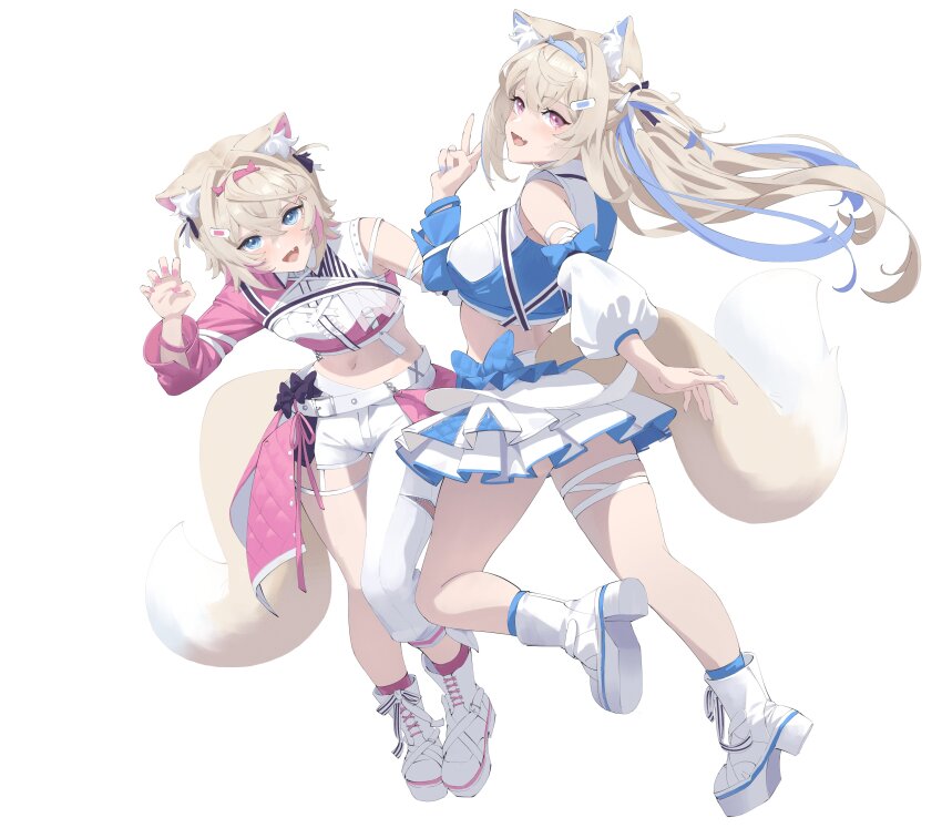 2girls absurdres animal_ears ankle_boots arm_at_side asymmetrical_clothes bandaid bandaid_hair_ornament blonde_hair blue_eyes blue_hair blue_hairband blue_nails boots breasts claw_pose clothing_cutout collared_shirt color-coded cropped_shirt crossed_bangs detached_sleeves dog_ears dog_girl dog_tail double-parted_bangs full_body fuwawa_abyssgard hair_between_eyes hair_intakes hair_ornament hairband hairclip highres hololive hololive_english hololive_idol_uniform_(color_rise) horn_hairband idol_clothes lace-up_boots large_breasts long_hair long_sleeves miniskirt mococo_abyssgard multicolored_hair multiple_girls nail_polish official_alternate_costume overskirt pants pink_eyes pink_hair pink_hairband pink_nails pink_shirt platform_boots platform_heels puffy_detached_sleeves puffy_long_sleeves puffy_sleeves revilol shirt shoe_soles short_hair siblings simple_background single_detached_sleeve single_pantsleg single_sleeve sisters skirt streaked_hair tail tail_through_clothes thigh_strap twins two-tone_shirt two_side_up v virtual_youtuber white_background white_boots white_pants white_shirt white_skirt x_hair_ornament