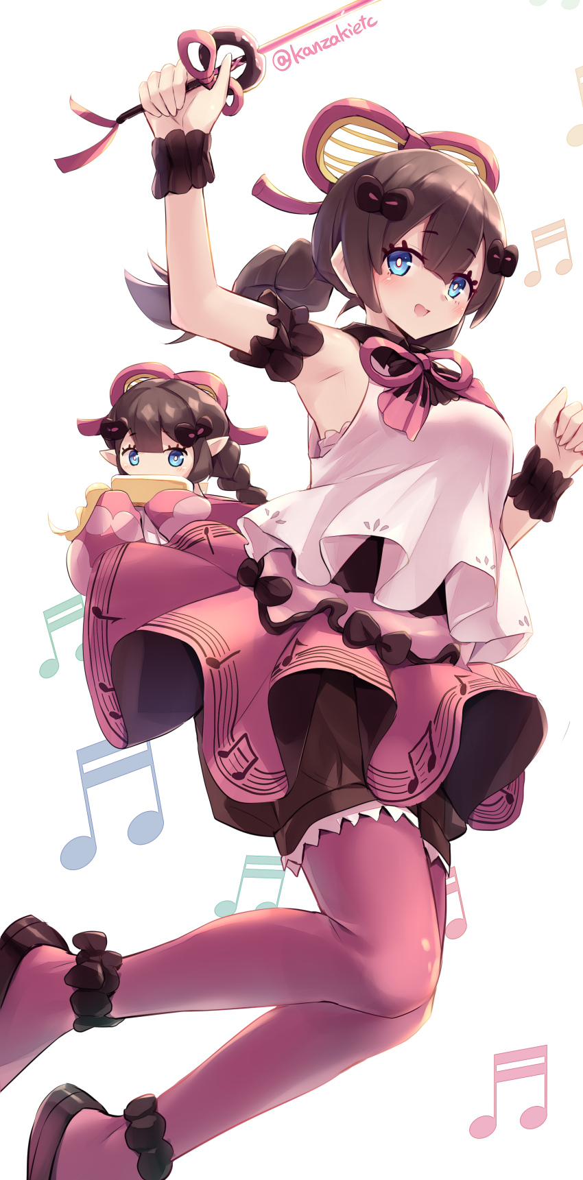 2girls absurdres ankle_cuffs arm_up armpits blue_eyes blush braid breasts brown_hair chibi dosolfachord_cutia duel_monster full_body hair_ornament harmonica highres holding holding_staff instrument kanzakietc looking_at_viewer medium_breasts multiple_girls musical_note musical_staff open_mouth simple_background smile staff twitter_username white_background wrist_cuffs yu-gi-oh!