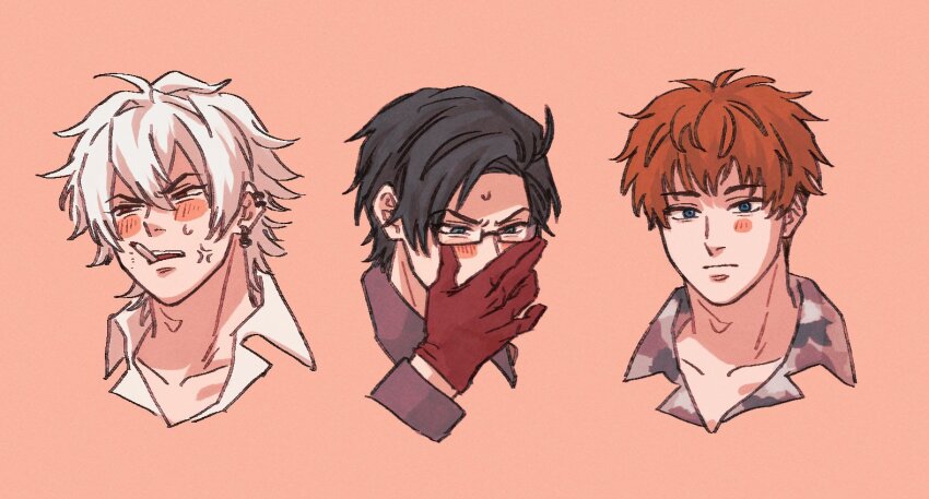 3boys adam&#039;s_apple adjusting_eyewear ahoge anger_vein annoyed aohitsugi_samatoki asymmetrical_bangs averting_eyes black_hair blush blush_stickers busujima_rio_mason camouflage camouflage_shirt cigarette collarbone collared_shirt covering_own_mouth cropped_shoulders curtained_hair ear_piercing earrings embarrassed film_grain furrowed_brow glasses gloves grimace hair_between_eyes hand_over_own_mouth hypnosis_mic iruma_jyuto jewelry looking_at_viewer looking_down looking_up mad_trigger_crew male_focus multiple_boys multiple_earrings narrowed_eyes orange_hair piercing pink_background portrait rectangular_eyewear red_gloves senzankou25 shirt short_hair shy single_blush_sticker smoking sweatdrop v-shaped_eyebrows very_short_hair white_hair wispy_bangs