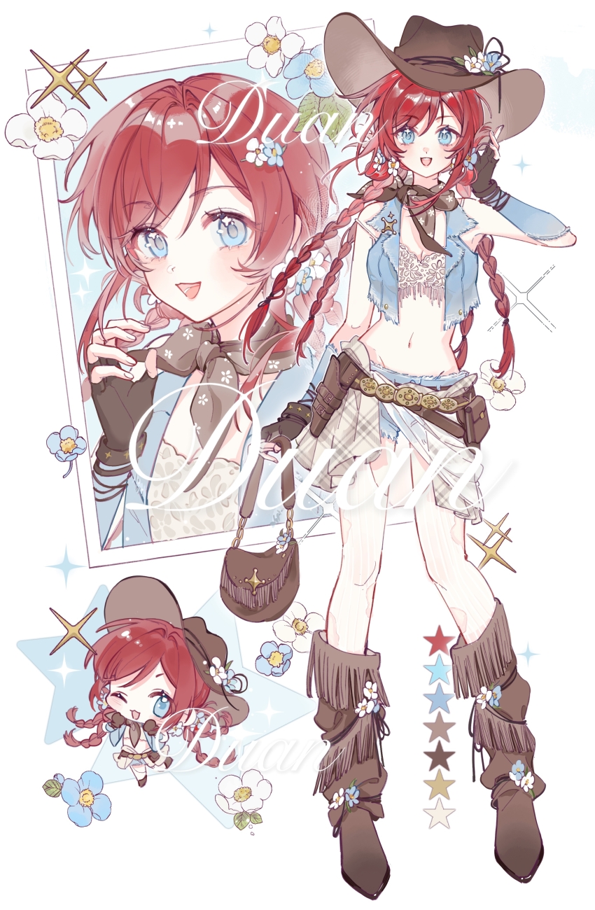 1girl absurdres bag belt blue_arm_warmers blue_eyes blue_vest boots bra brown_bag brown_belt brown_boots brown_gloves brown_hat brown_neckerchief chibi chibi_inset chinese_commentary chuanhe_duanduanzi commentary_request commission cowboy_hat cowgirl_(western) denim denim_shorts fashion fingerless_gloves flower fringe_trim gloves handbag hat highres lace lace_bra long_hair multiple_views neckerchief original quad_braids red_hair shorts underwear vest watermark y2k_fashion