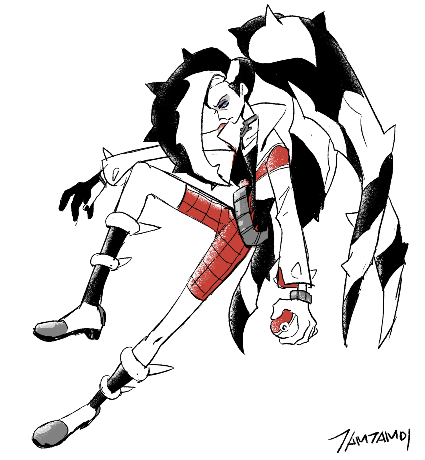 1boy choker closed_mouth from_side full_body game_freak gloves highres holding holding_poke_ball long_hair looking_at_viewer male_focus monochrome multicolored_hair nintendo pants piers_(pokemon) poke_ball poke_ball_(basic) pokemon pokemon_swsh red_pants signature simple_background single_glove spiked_hair spot_color tamtamdi two-tone_hair very_long_hair white_background