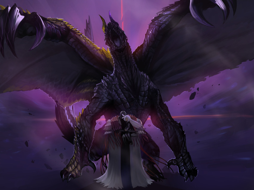 1boy 1girl absurdres animal black_footwear black_jacket black_pantyhose black_skirt blue_archive cloak crossover dokomon dragon gore_magala highres jacket long_hair monster_hunter_(series) pantyhose phrenapates_(blue_archive) plana_(blue_archive) shoes sitting_on_arm skirt very_long_hair white_cloak white_hair