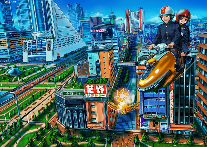 1boy 1girl absurdres black_serafuku blue_sky brown_eyes brown_hair building city cloud commentary_request gakuran hai_to_hickory helmet highres on_vehicle original red_headwear riding school_uniform science_fiction serafuku sitting sky skyscraper smile tree