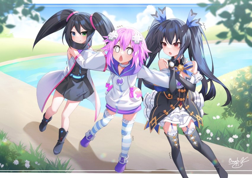 3girls :o annoyed arm_pull black_hair blank_eyes blue_eyes blue_sky breasts chestnut_mouth choker cloud d-pad d-pad_hair_ornament day flower girl_sandwich gloves grass green_eyes hair_ornament heterochromia jealous jersey long_hair love_triangle medium_breasts multiple_girls neptune_(neptunia) neptune_(series) noire_(neptunia) outdoors parka purple_hair red_eyes sandwiched sega_hard_girls sega_saturn_(sega_hard_girls) shoes short_hair signature sky small_breasts socks striped_legwear surprised thighhighs tsundere twintails yuri