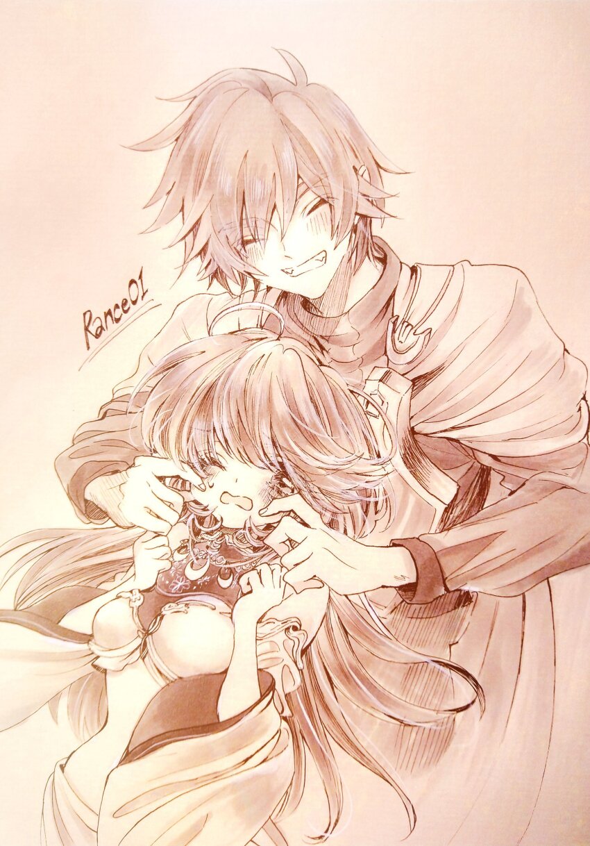1boy 1girl ahoge armor aya_carmine bikini_armor blush breastplate breasts cape cheek_pinching closed_eyes greyscale grin hands_on_another&#039;s_cheeks hands_on_another&#039;s_face highres long_hair medium_breasts millipen_(medium) monochrome one_eye_closed open_mouth pen_(medium) pinching pointy_hair rance rance_(series) rance_01 sill_plain simple_background sketch smile teeth traditional_media upper_body