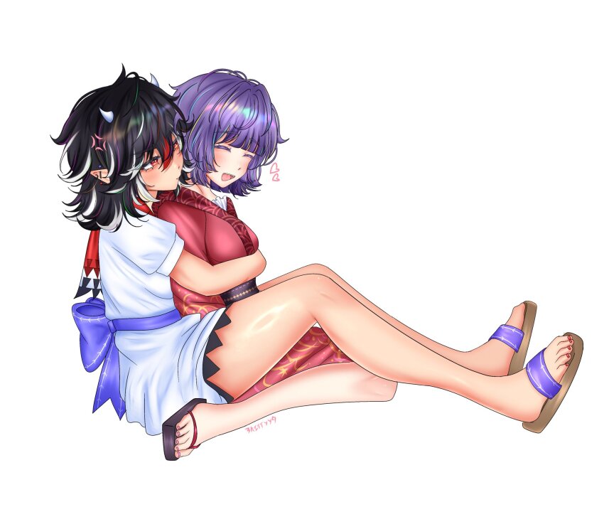 2girls :d ^_^ anger_vein back_bow black_hair black_sash blue_bow blue_sash blunt_bangs bow closed_eyes commentary dress ear_piercing from_side full_body heart highres horns hug hug_from_behind japanese_clothes kijin_seija kimono kitty_(3kittie9) long_sleeves looking_at_another medium_hair multicolored_hair multiple_girls nail_polish on_floor open_mouth piercing pointy_ears puffy_short_sleeves puffy_sleeves purple_hair red_eyes red_kimono red_streaks sandals sash short_sleeves signature simple_background sitting sitting_between_lap small_horns smile streaked_hair sukuna_shinmyoumaru symbol-only_commentary toenail_polish toenails touhou v-shaped_eyebrows white_background white_dress white_horns white_streaks yuri