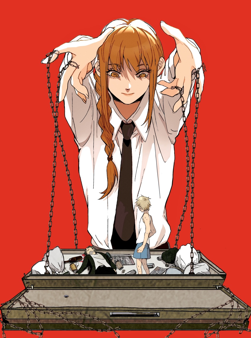 1boy 1girl absurdres alcohol beer black_necktie braid braided_ponytail chain chainsaw_man coat collared_shirt commentary_request denji_(chainsaw_man) highres long_hair looking_at_another looking_down makima_(chainsaw_man) necktie newspaper on_floor pillow red_background red_hair ringed_eyes sensui_n shirt sidelocks simple_background single_braid sleeveless trash_bag white_shirt