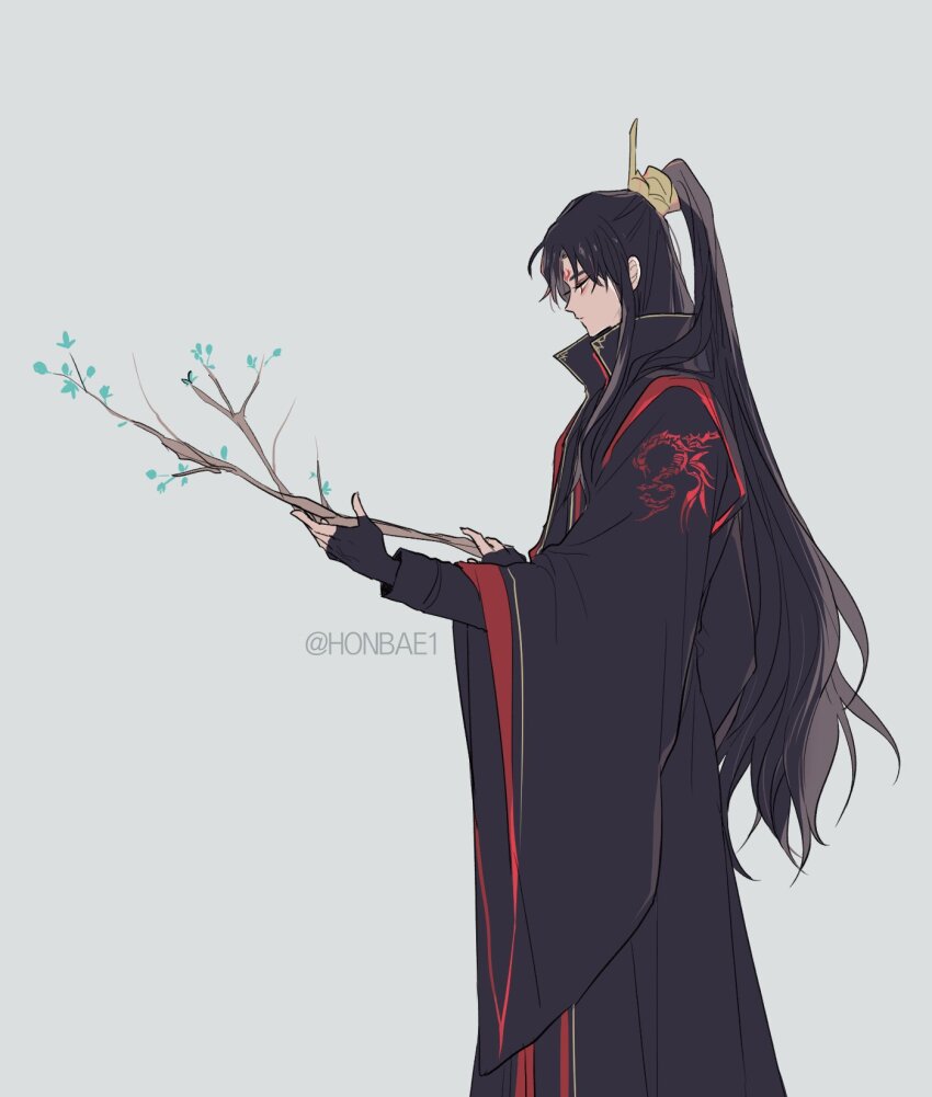 1boy black_gloves black_hair black_hanfu branch chinese_clothes closed_mouth cowboy_shot fingerless_gloves from_side gloves half_updo hanfu high_ponytail highres holding holding_branch honbae long_hair long_sleeves looking_at_object luo_binghe male_focus ponytail red_eyes renzha_fanpai_zijiu_xitong simple_background solo wide_sleeves xiao_guan_(headdress) zuiyin