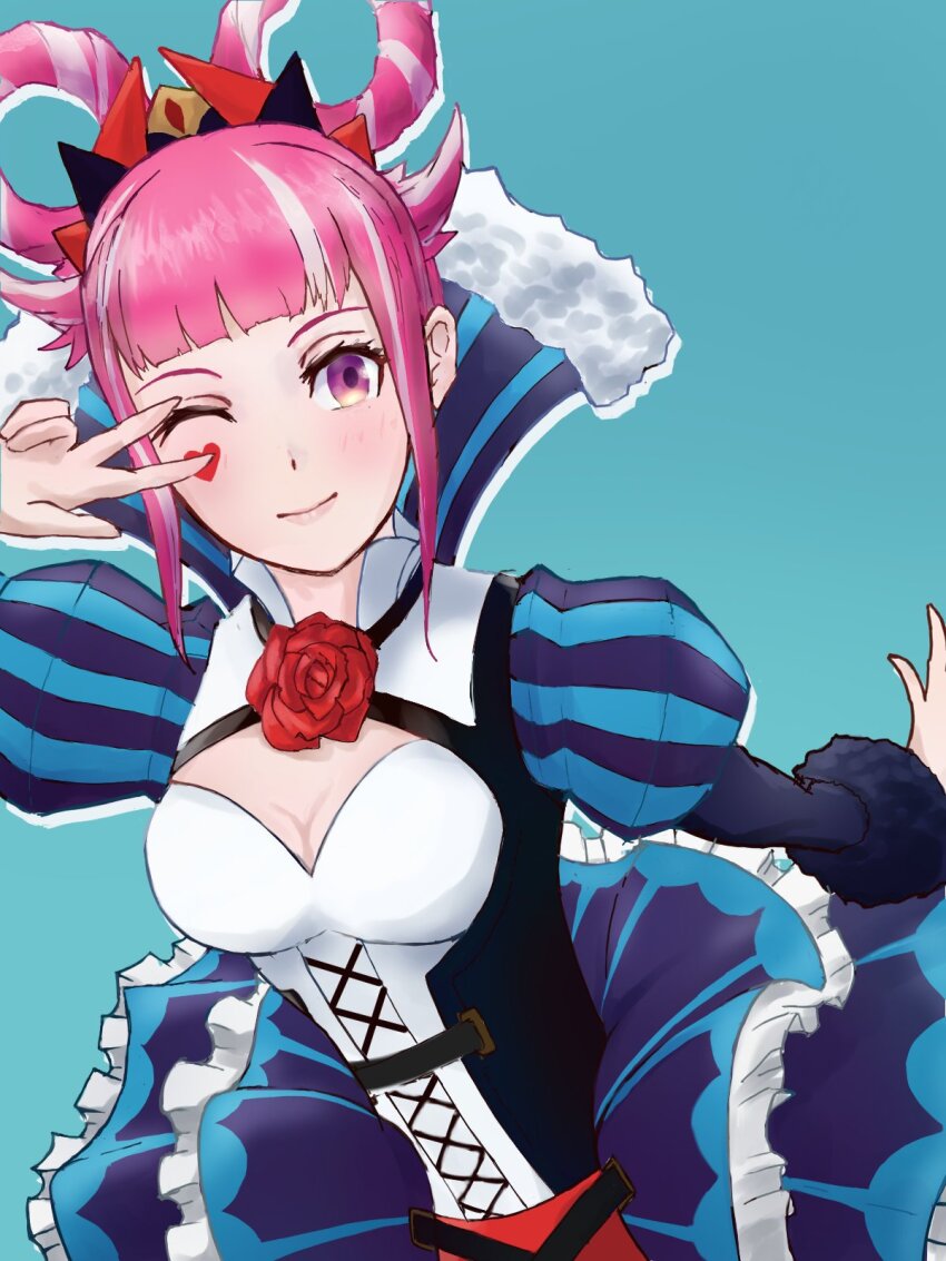 1girl breasts facial_mark fire_emblem fire_emblem_engage folded_twintails hair_flaps heart heart_facial_mark highres hortensia_(fire_emblem) looking_at_viewer medium_breasts nintendo pink_eyes pink_hair smile solo striped_clothes strixinkagoshim