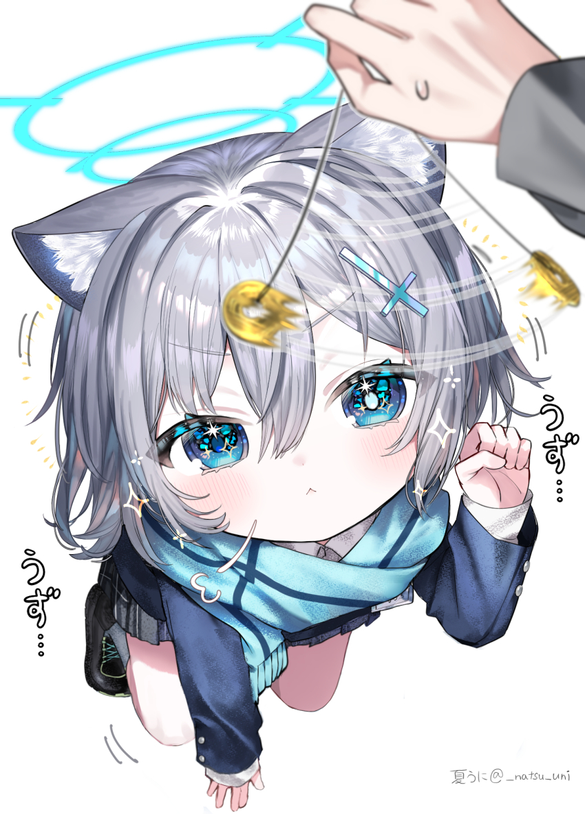 1girl 1other :&lt; amanatsu_uni animal_ear_fluff animal_ears black_jacket black_shoes black_skirt blue_archive blue_eyes blue_jacket blue_scarf blush cross_hair_ornament grey_hair hair_ornament highres holding holding_pendulum jacket kneeling looking_at_viewer paw_pose pendulum plaid_clothes plaid_skirt scarf shiroko_(blue_archive) shoes skirt sweatdrop wolf_ears wolf_girl
