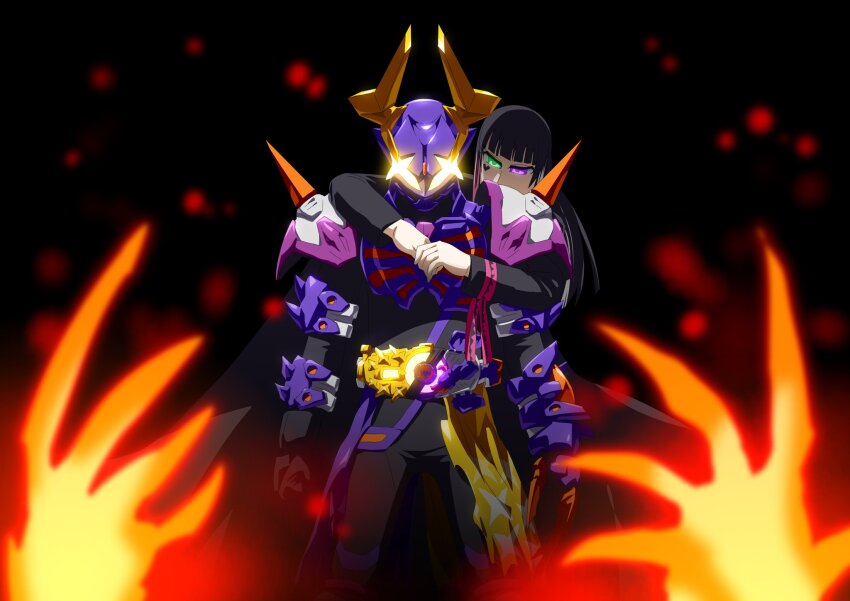 1boy alternate_eye_color arm_across_chest armor armored_gloves beroba_(kamen_rider_geats) black_background black_bodysuit black_gloves bodysuit buffalo bull cape chainsaw claw_(weapon) clenched_hands cowboy_shot defeat desire_driver disintegration dual_wielding exhaust_pipe fake_tail fever_buckle fever_zombie_form gloves glowing glowing_eyes gold_horns gradient_hair green_eyes heterochromia highres holding holding_weapon horns hug hug_from_behind imminent_hit kamen_rider kamen_rider_buffa kamen_rider_geats_(series) knee_spikes long_hair looking_at_viewer male_focus mask mechanical_hands mechabare multicolored_hair otokamu purple_armor purple_cape purple_eyes purple_hair purple_headwear purple_scarf raise_buckle red_hair redesign scarf shoulder_spikes single_mechanical_hand skull solo spikes spoilers spread_legs sword tail tokusatsu victory wall water_buffalo weapon white_scarf yellow_eyes zombie zombie_breaker zombie_buckle