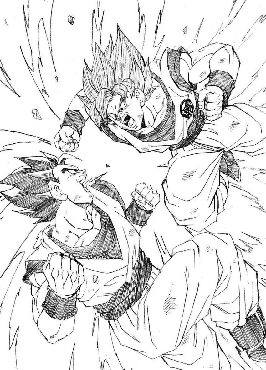 2boys absurdres dragon_ball dragon_ball_super father_and_son fighting highres multiple_boys muscular muscular_male potential_unleashed scratches serious son_gohan son_goku sparring super_saiyan super_saiyan_blue toriyama_akira_(style) ultimate_gohan young_jijii youngjijii