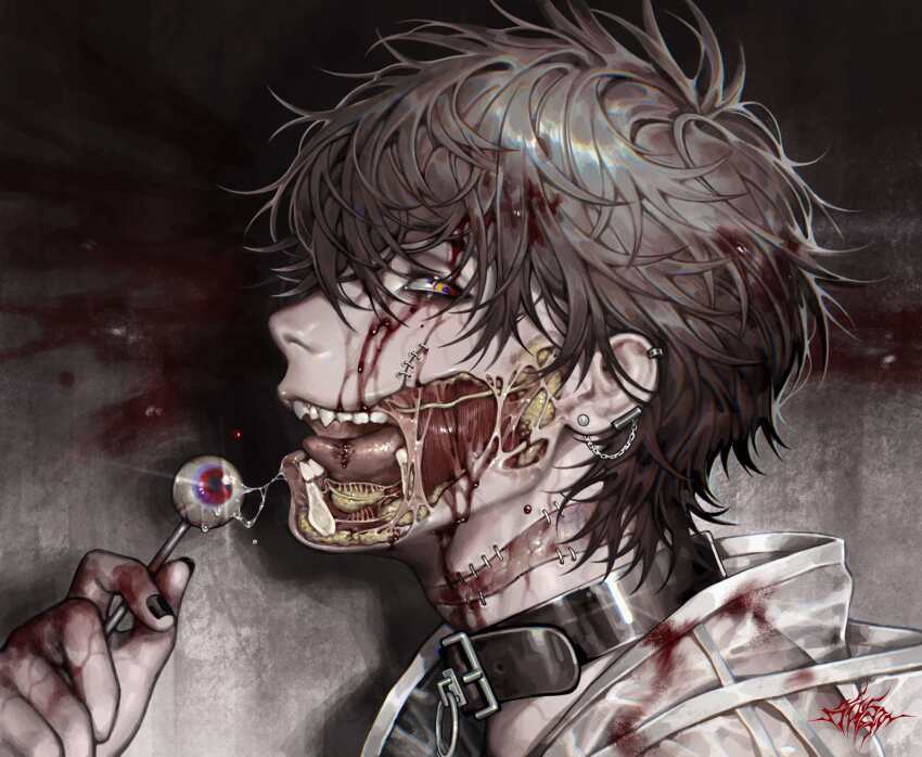 bags_under_eyes belt_collar blood blood_from_forehead blood_in_hair blood_on_clothes blood_on_face blood_stain body_horror brown_hair candy coat collar disintegration earrings ero_guro exposed_bone exposed_fat exposed_muscle eyeball food from_side guro hand_up highres jewelry licking lollipop melting multiple_earrings original portrait saliva saliva_trail see-through_clothes shinku_syrup short_hair skinned stitched_face stitched_neck stitches tongue tongue_out white_coat yellow_eyes
