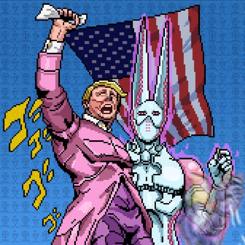 2024_attempted_assassination_of_donald_trump 2boys afterimage american_flag arm_up blonde_hair blood blood_on_ears blood_on_face blue_background bullet commentary cosplay dirty_deeds_done_dirt_cheap donald_trump formal_clothes funny_valentine funny_valentine_(cosplay) hei_wen holding holding_bullet jojo_no_kimyou_na_bouken male_focus menacing_(jojo) multiple_boys napkin open_mouth pink_suit pixel_art short_hair stand_(jojo) steel_ball_run suit text_background